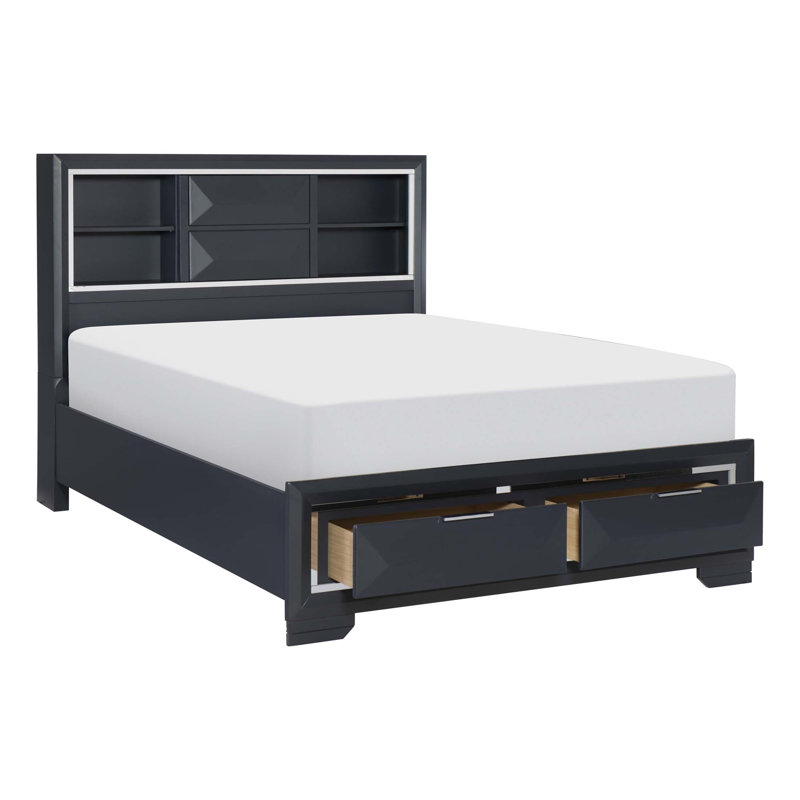 Lit plateforme moderne bleu minuit avec tiroirs de rangement et tête de lit bibliothèque pour une organisation améliorée de la chambre à coucher (matelas non inclus)