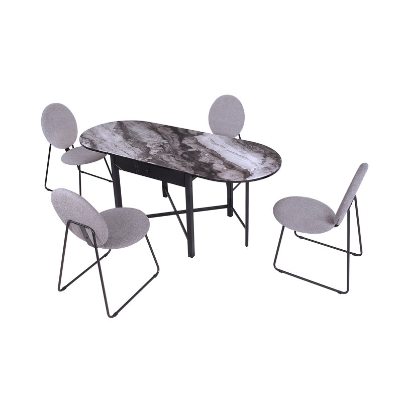 Mist 5-Piece Drop-Leaf Dining Set With Marble-Glass Table And 4 Gray Bouclé Chairs