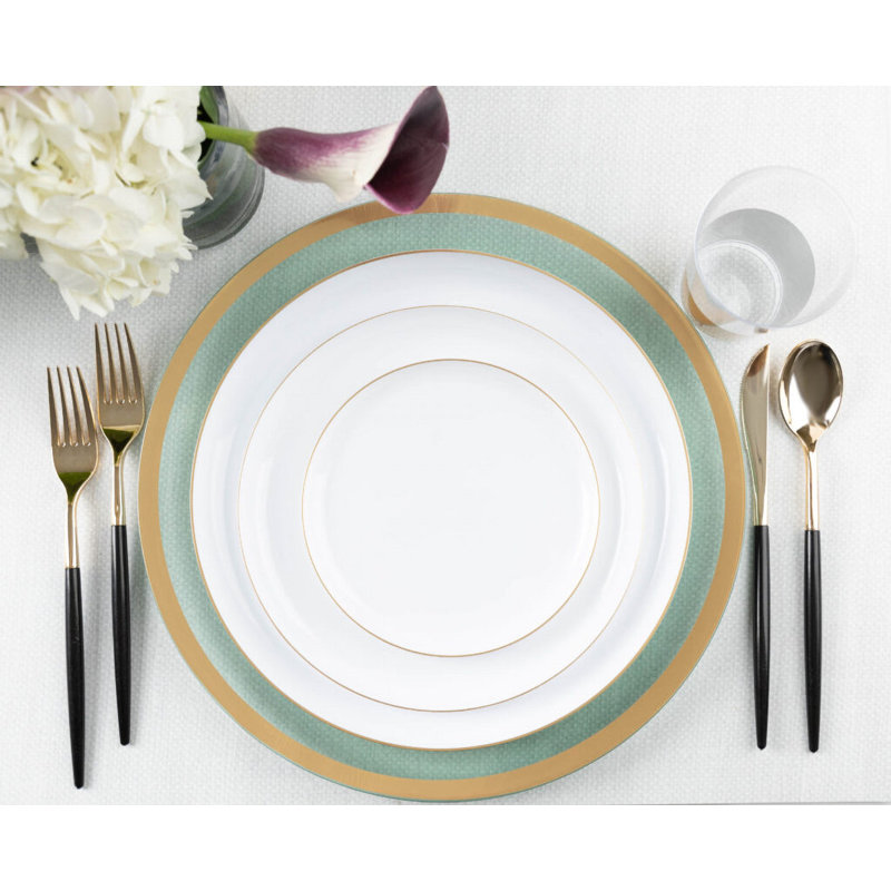 Assiettes en plastique blanches jetables rondes de 10,6 pouces avec rebord doré Ecoqualité pour 100 invités