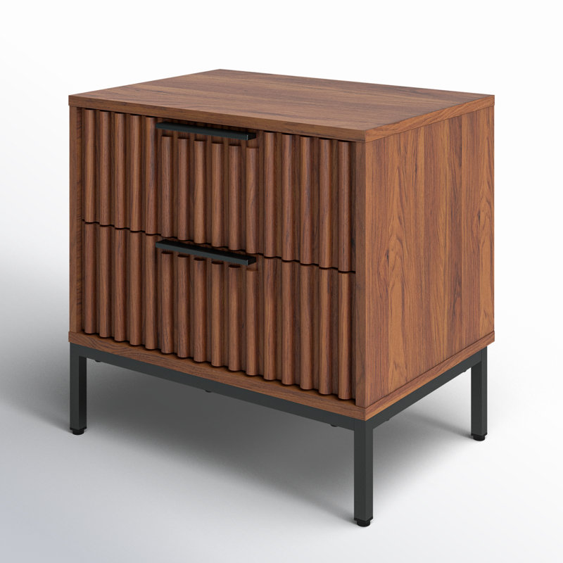 Walnut and Black Modern 2 Drawer Nightstand with Fluted Detail