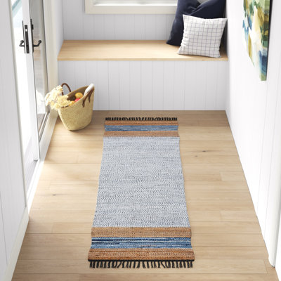 Vintage Leather Hand Woven Leather/Jute/Cotton Rug in Beige/Gray/Blue