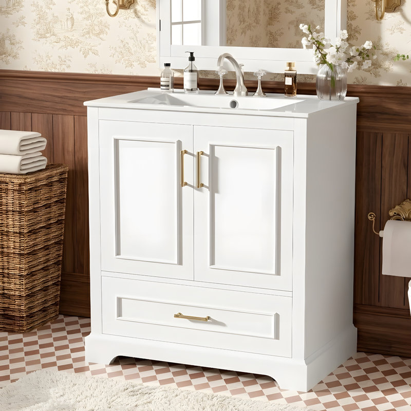 Meuble-lavabo moderne avec lavabo en céramique, Blanc, 28"