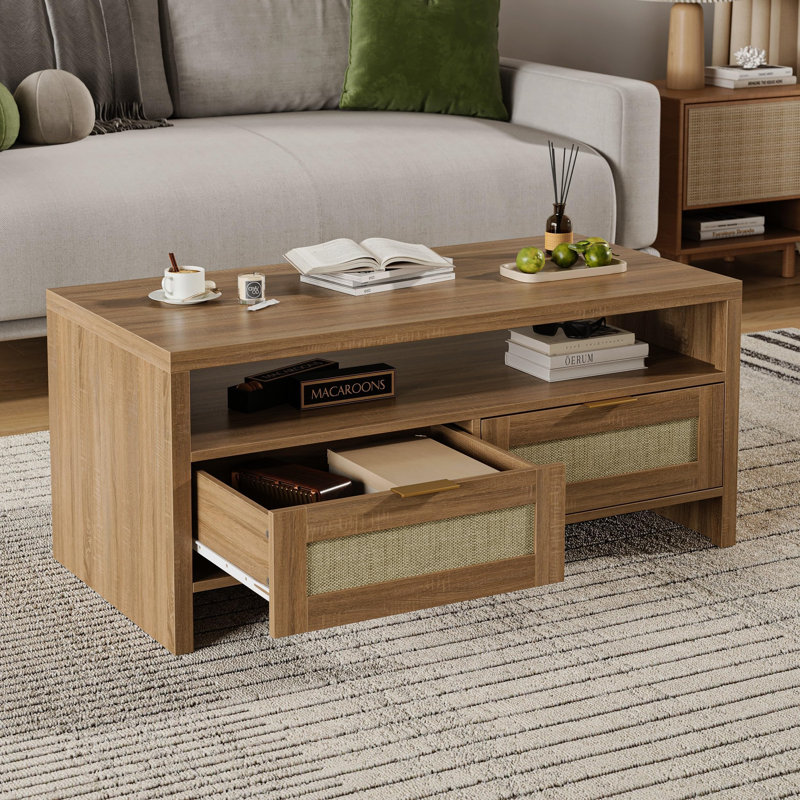 Table basse et console en rotin avec 2 tiroirs de rangement, tablette ouverte, table centrale en bois à 2 niveaux pour le salon