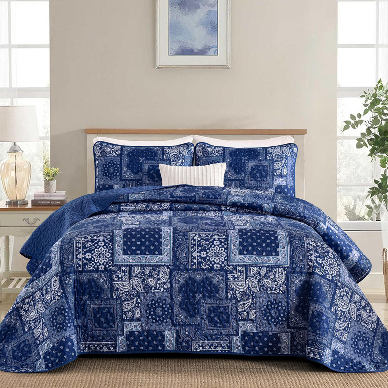 Ensemble de courtepointe 3 pièces à motif floral et motif cachemire Boho, Courtepointe pour très grand lit et 2 taies d'ore