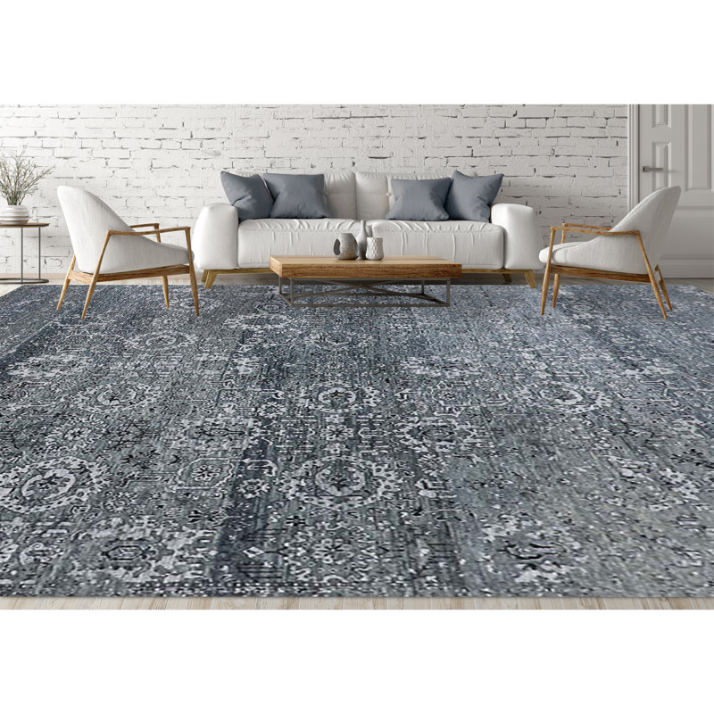 Tapis gris et noir noué à la main de haute qualité, Rectangle de 10 pi x 14 pi