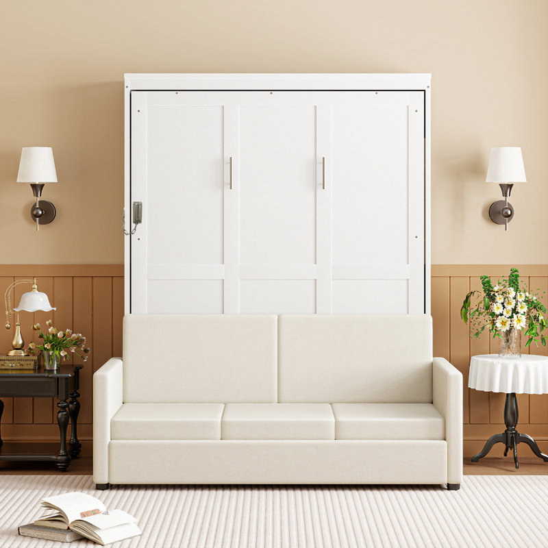 Lit escamotable double pleine grandeur avec coussin, Lit double, Blanc