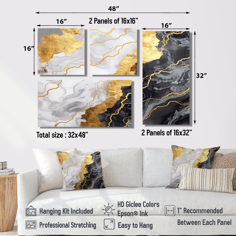 «Grey Abstract Marble Mirage III», art mural moderne sur toile 4 pièces, Toile tendue, Ne s’applique pas