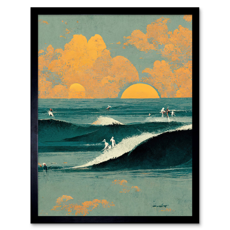 Surfers Surfing Chasing Waves at Sunset 1 Piece Single Picture Frame Wall Art