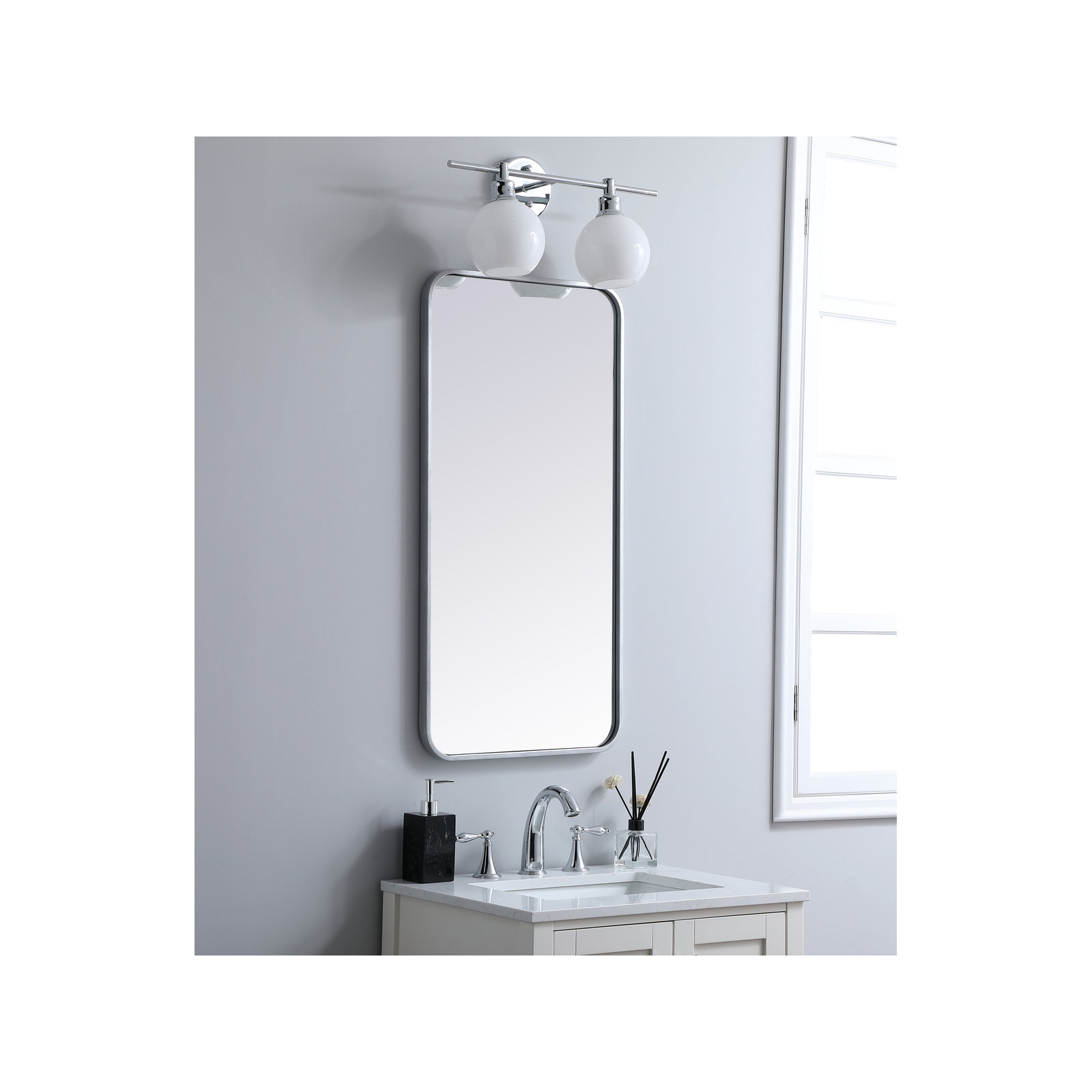 Sabine Metal Rounded Rectangle Wall Mirror, Silver, 36" x 18"