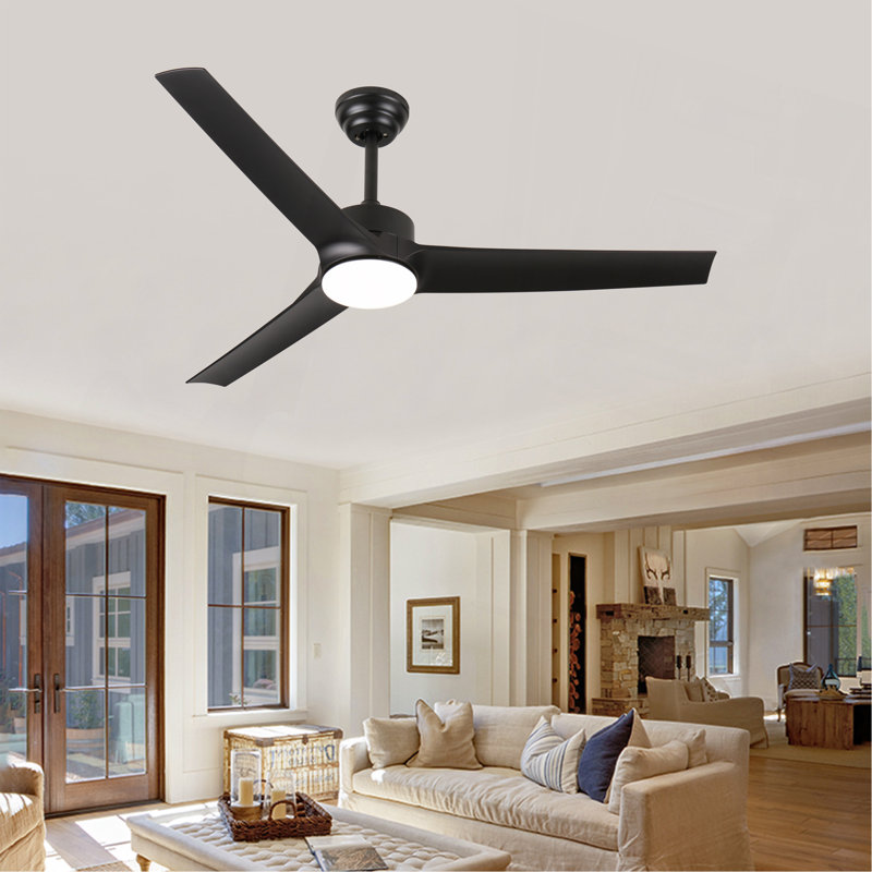Ventilateur de plafond noir 52 pouces avec lumière, ventilateur de plafond avec 3 pales réversibles, 2 tiges verticales, télécommande à 6 vitesses