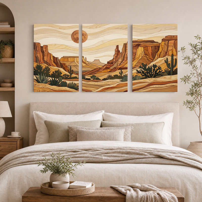Desert Canyon avec cactus et texture de grain de bois, ensemble de 3 toiles, H 24 po x l 16 po x 3 pièces