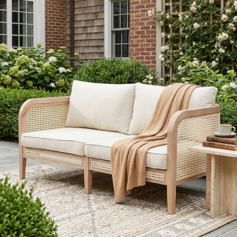 Aashild Patio PE Rattan Loveseat Sofa With Acacia Wood Frame, Natural