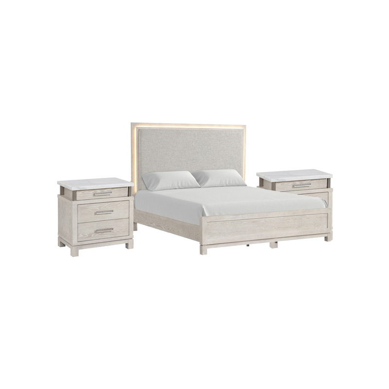 Ensemble de chambre pour grand lit en bois gris patiné avec détails blancs et argentés - Ensemble de 3 pièces avec 2 tables de chevet
