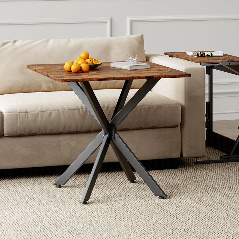 Table d'appoint rustique carrée, pieds en métal avec cadre en X et plateau en grain de bois, Brun rustique