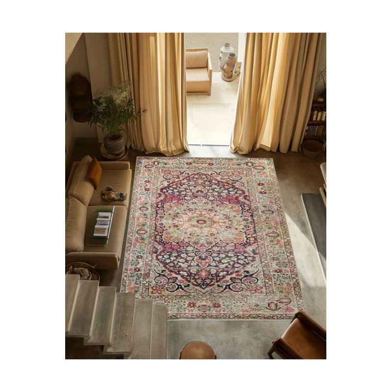 Multicolored Traditional Motif Ethnic Floral Patterned Vintage Decorative Carpet, Round 4'