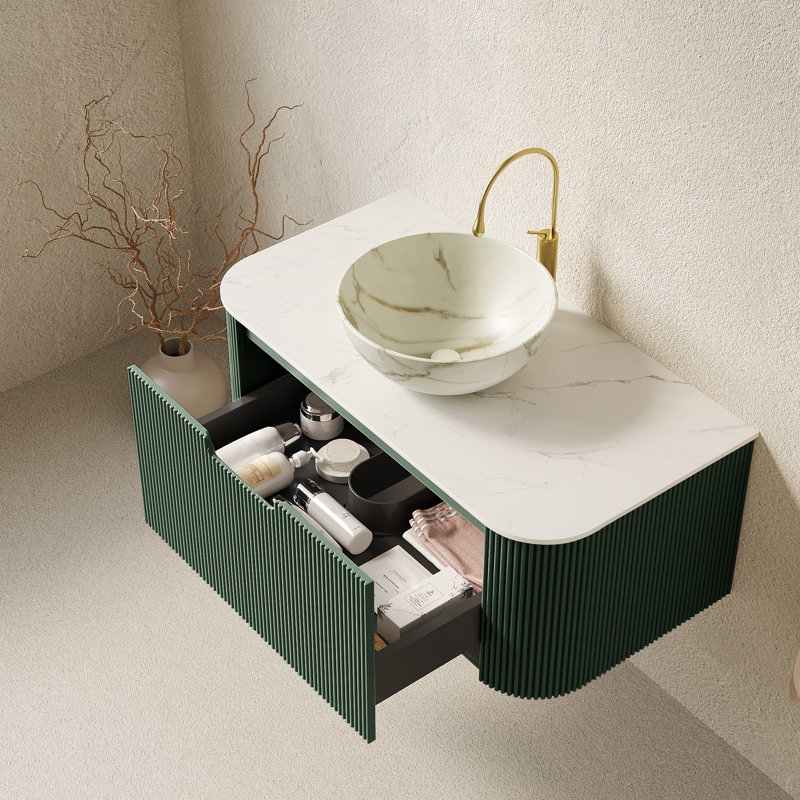 Meuble-lavabo 36 po, armoire de salle de bain en contreplaqué rayé à bords arrondis avec tiroir, vasque en céramique blanc mat et plateau en pierre frittée, pré-assemblé, couleur vert foncé