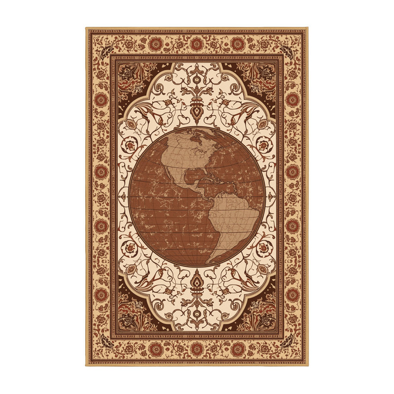 Tapis oriental brun classique lavable à la machine Parlin World Globe, 2 pi x 3 pi