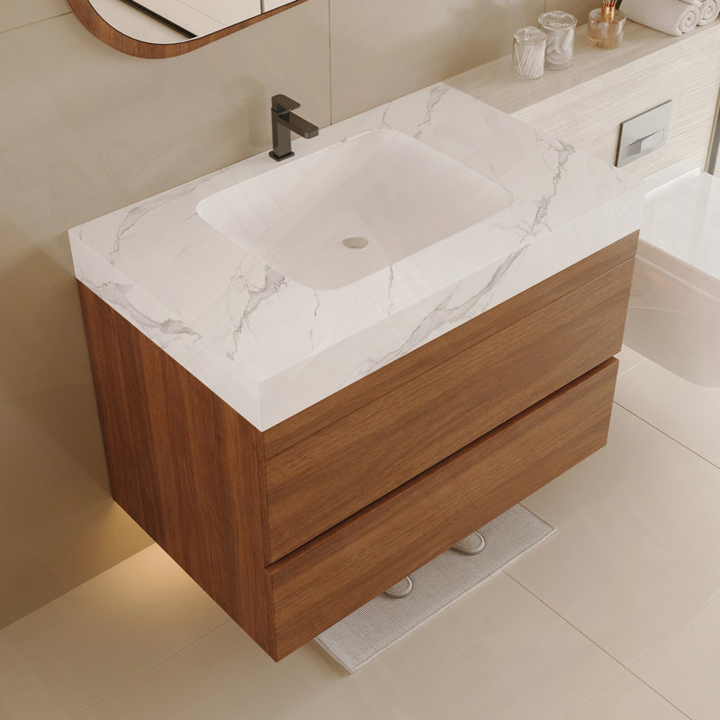 Meuble-lavabo moderne flottant avec comptoir et lavabo en faux marbre, Blanc