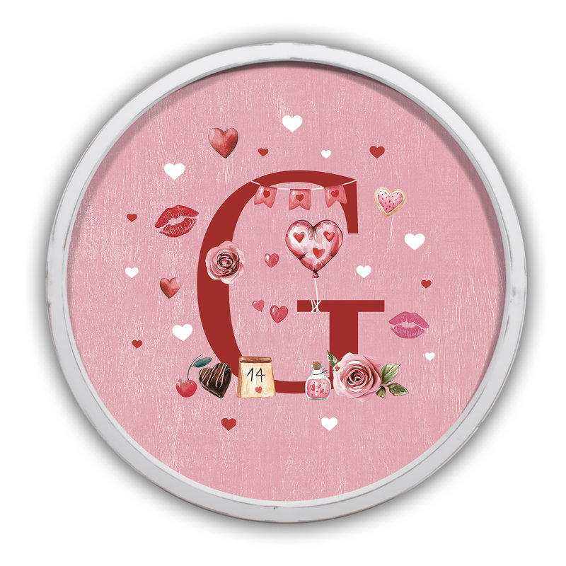 «Valentine Things Monogram - G Round», reproduction encadrée blanche