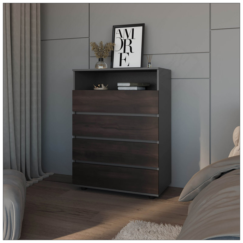 Commode 4 tiroirs en noyer teinté avec tablette ouverte