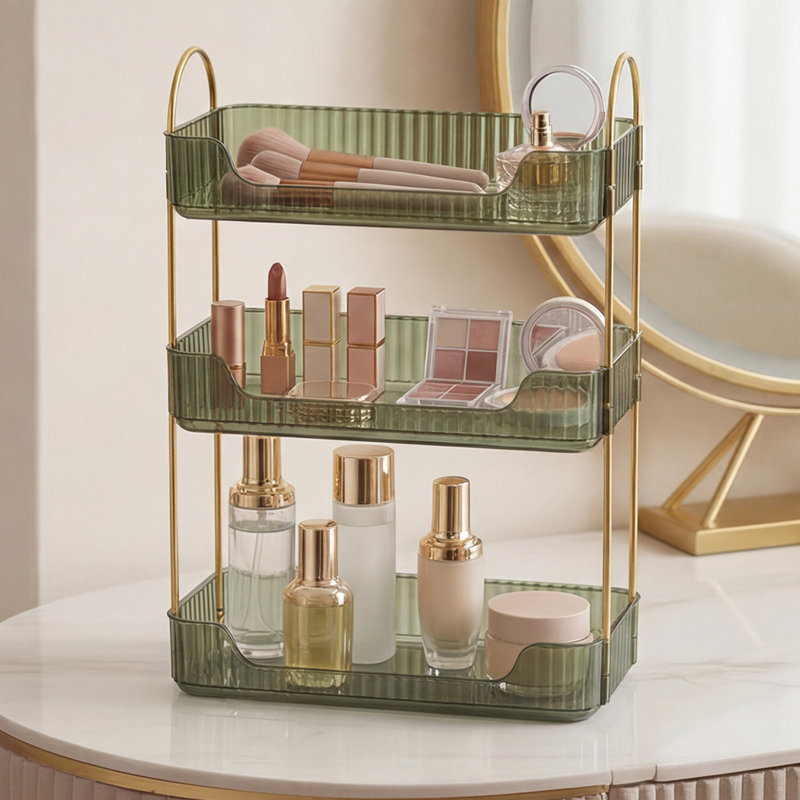 ilus Makeup Organiser Modern Minimalist 3-Tier Cosmetic Storage Rack Beauty, Brushed Gold/Green