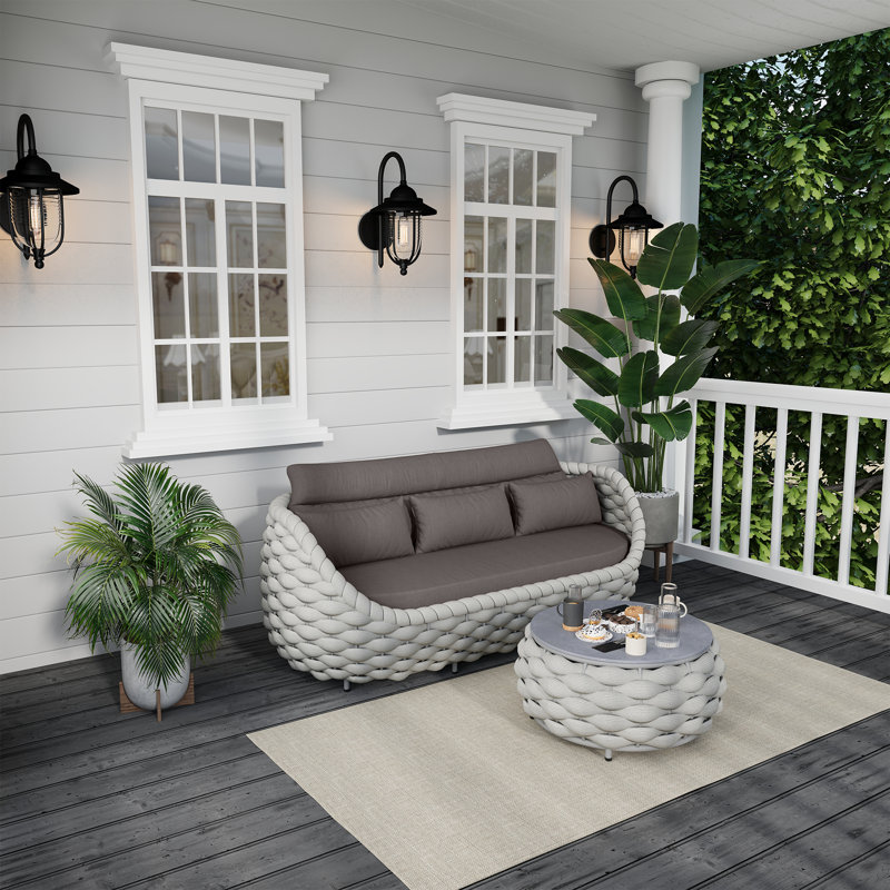 Canapé de patio extérieur en aluminium et corde en polyester pour 3 personnes avec coussins et table basse, Gris foncé