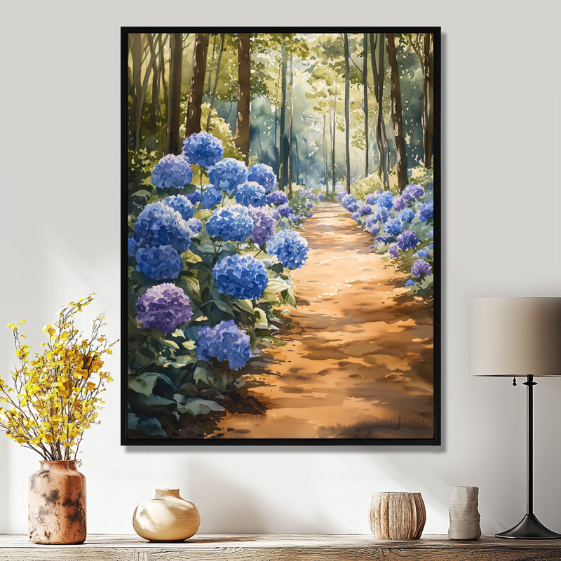 Hydrangeas In The Garden Path I - Hydrangea Canvas Print, Black, Floater Framed Print, 20" H x 12" W