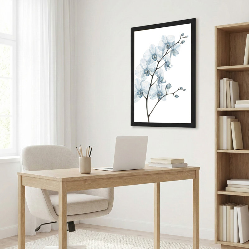 Toile noire encadrée en bois noir pour salon, chambre à coucher, bureau ou vestibule - décoration murale décorative avec orchidée bleue