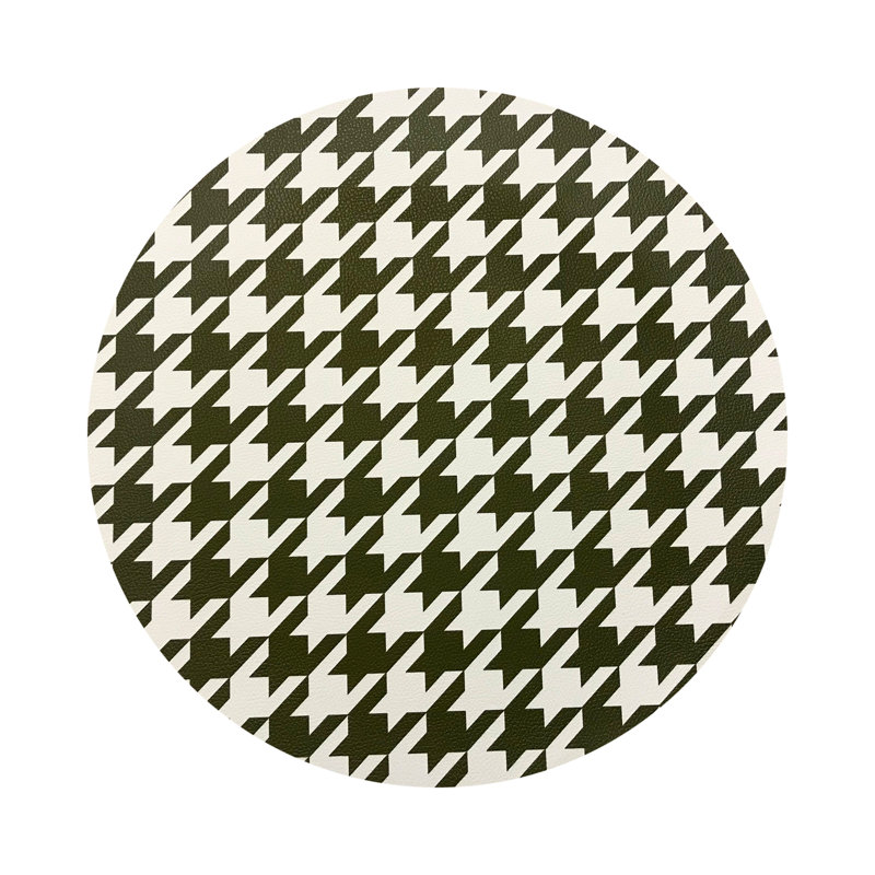 Houndstooth Black White Vegan Leather Round Coasters, Green White