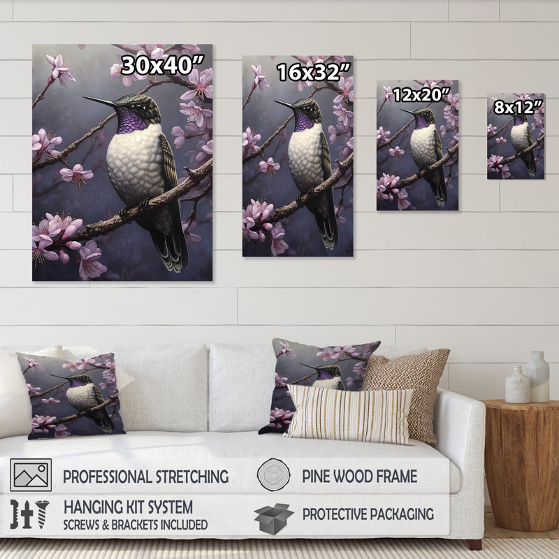 Oiseau mauve sur une branche d'arbre sur toile, H 20 po x l 12 po x P 1 po, Cadre flottant doré