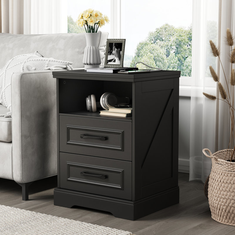 Farmhouse Nightstand With Charging Station, Solid Wood End Table With 2 Large Drawers & Open Shelves, Set of 2, Black