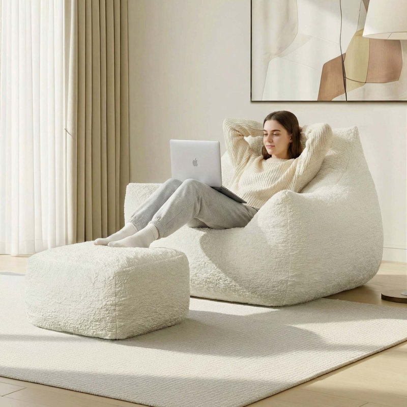 Extra-Wide Bean Bag Chair With Ottoman, Beige Polyester 