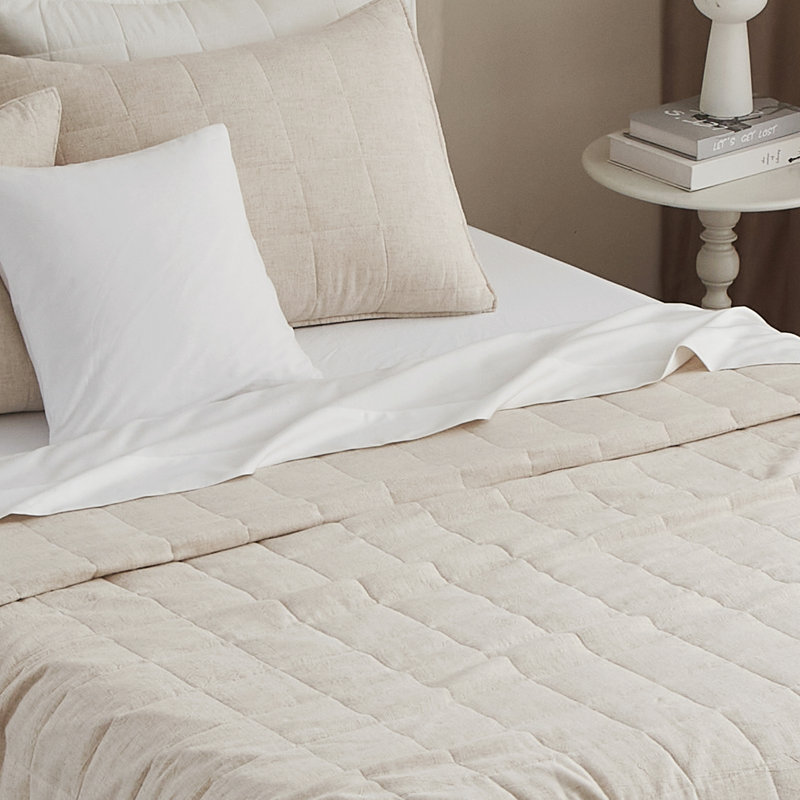 100% Linen Quilt Set, Pre-Washed Linen Front and Cotton Back Comforter, Beige, King Quilt + 2 King Shams