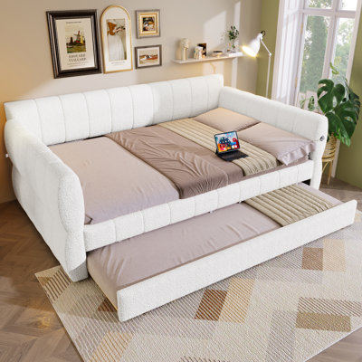 Queen Size Upholstered Platform Bed with USB Charging & Trundle, White, Sturdy & Space-Saving for Bedroom or Guest Room