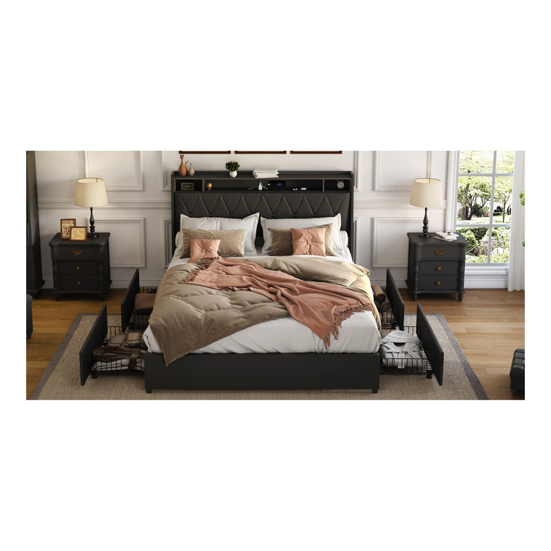 Cadre de grand lit avec tête de lit ergonomique, cadre de lit plateforme grand avec prises et chargeur, cadre de lit en métal grand avec tablette de rangement, silencieux, aucun sommier nécessaire