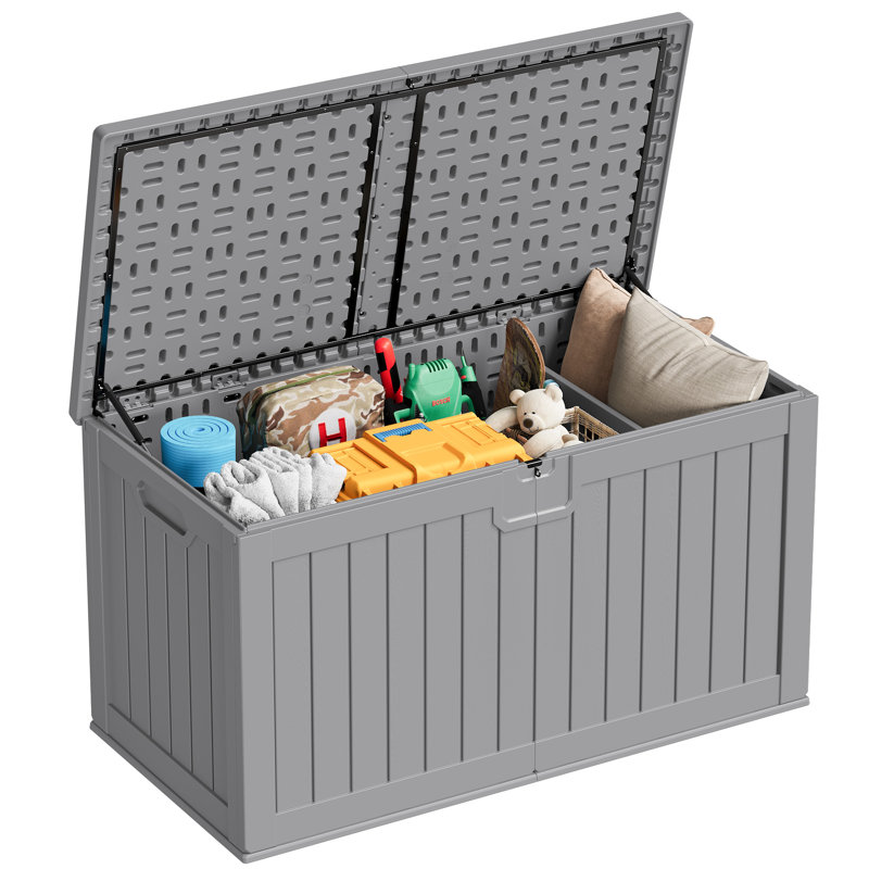 230 Gallon Outdoor Indoor Lockable Resin Deck Box With Removable Dividers, Gray