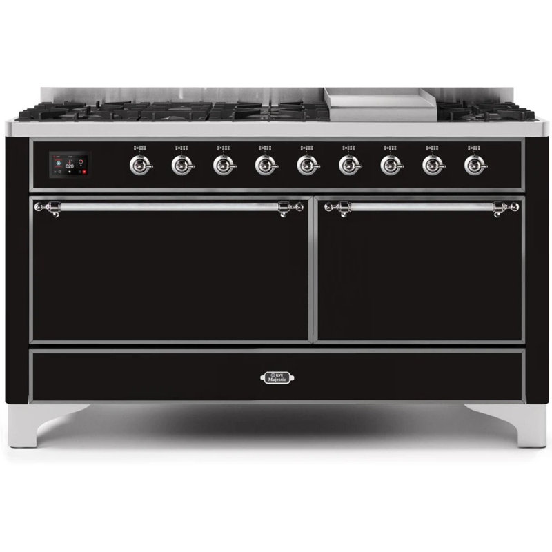ILVE UM15FDQNS3BKCLP Majestic II 60 inch Dual Fuel Range with 9 Burners, Griddle (Liquid Propane, Solid Door, Glossy Black, Chrome)