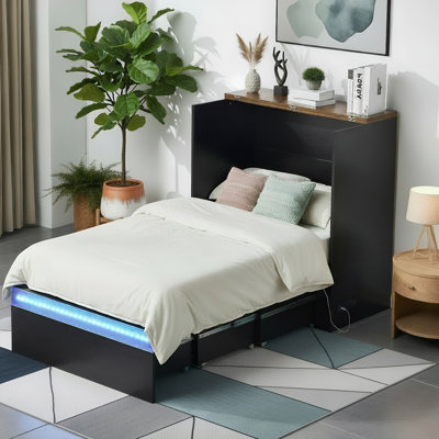 Twin Size Murphy Bed With Storage Drawer,Smart LED Lighting & Built-In Charging Station, Space-Saving Cabinet Bed For Kids,Adults,Black