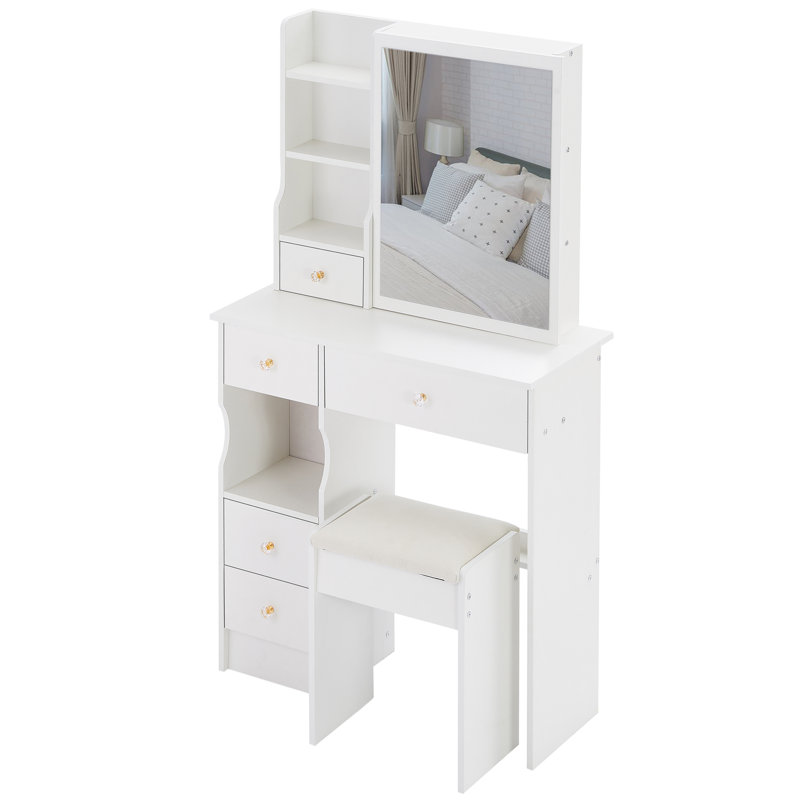 Petit bureau de meuble-lavabo 29,2 po avec tiroir gauche et tabouret rembourré, très grand miroir coulissant, commode de rangement multicouche à grande capacité pour les petits espaces | Idée cadeau