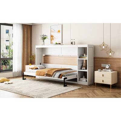 White Twin Bed With Bookcase Shelf Cabinet - Stable & Space Preserving Option Rack Shelving Unit Maximizing Feature
