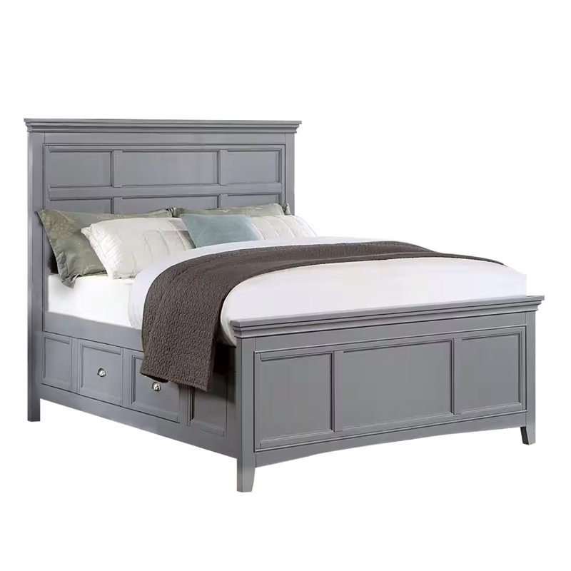 Lit double Lile avec moulures couronnées, tiroirs de rangement, bois massif gris, Gris / Chrome, Complète