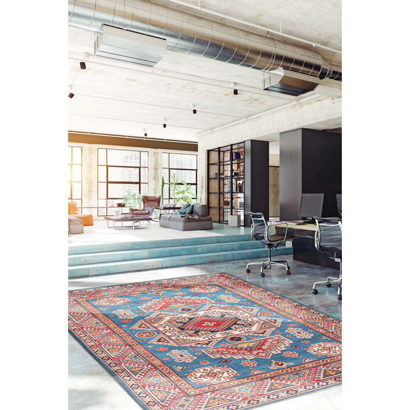 Tapis unique en laine noué à la main 5 pi 1 po x 7 pi 2 po nouvel âge Cobleskill en bleu foncé / rouge / crème