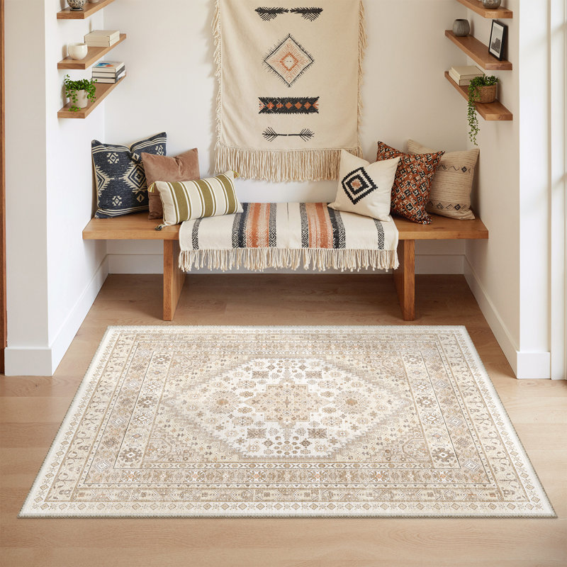Malaika Machine-Washable Non-Slip Medallion Area Rug, Beige, Rectangle 3' x 5'
