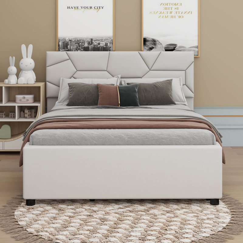 Lit plateforme tapissier avec lit gigogne, Beige, Grand, Tiroirs
