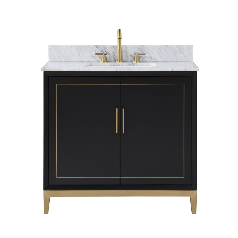 Gracie 36'' W Single Vanity, Calacatta Quartz, Midnight Black, Satin Brass