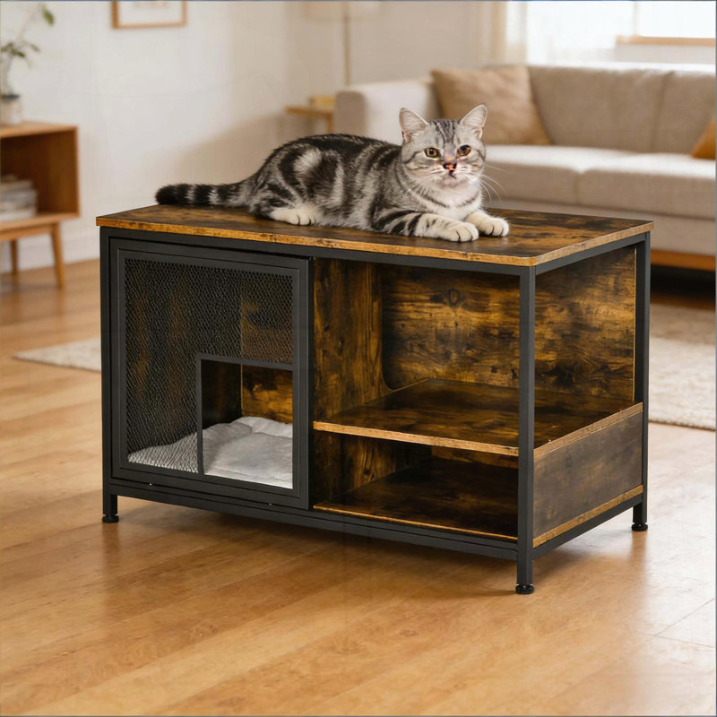 Table de bout Pet House - Maison pour chat en bois avec porte coulissante et fenêtres en acier