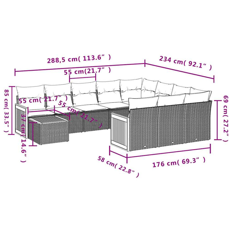  Ensemble de canapé de patio 11 pièces avec coussins en rotin de polyester gris