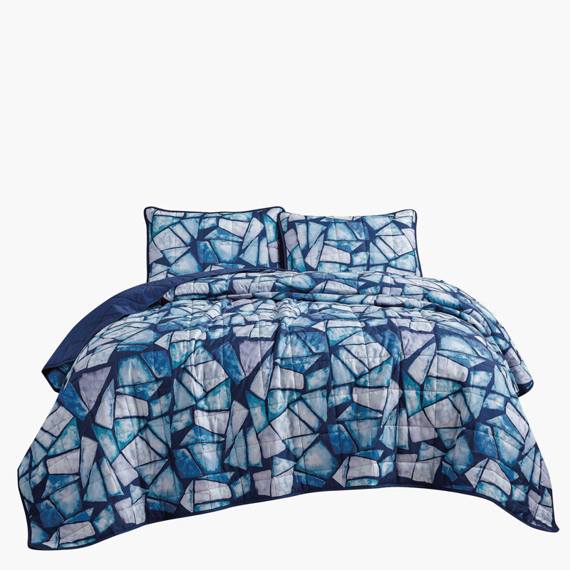 Ensemble de couvre-lit réversible à motif géométrique bleu 3 pièces, très grand