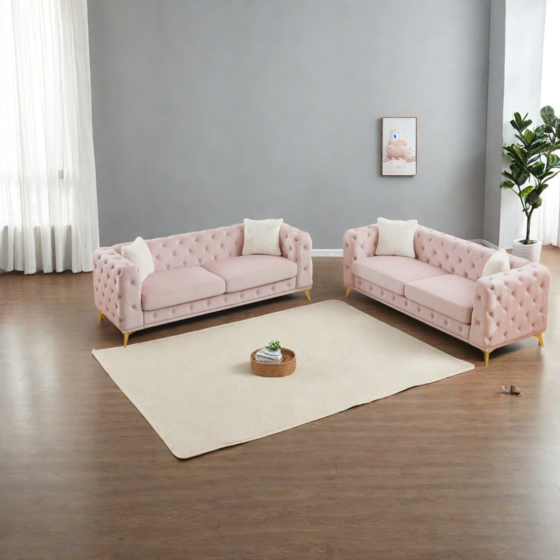 Ensemble de canapés à compression, salon en bois de velours rose