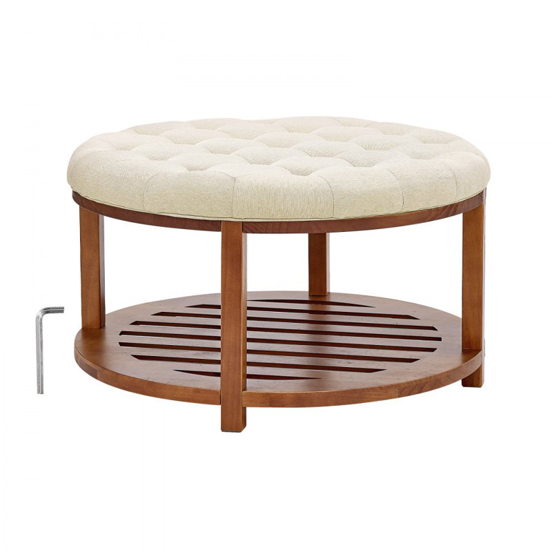 Grande table basse ronde avec repose-pieds, table basse capitonnée de 31,9 pouces avec rangement en bois massif, repose-pieds rembourré en lin massif pour le salon de la chambre à coucher, 350 lb, couleur lin